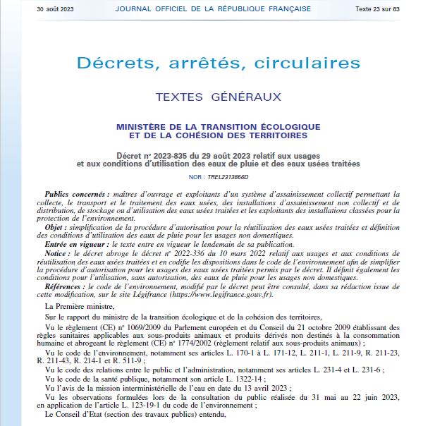 decret pour la réutilisation des eaux usées - wastewater reuse